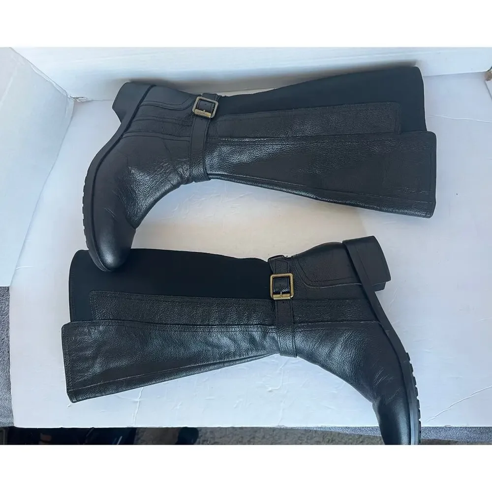 Naturalizer N5 Black Leather Zip Knee High Block Heel Wide Shaft Riding Boots 10